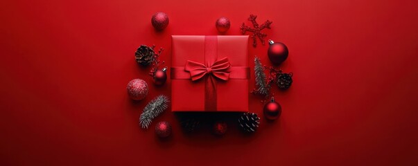 Elegant top view Christmas presents with red ribbons and various festive decorations arranged on a vibrant red background, conveying warmth and holiday cheer