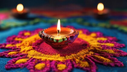 vibrant clay diya on intricate rangoli pattern with glowing lights, symbolizing celebration, culture, and festive warmth