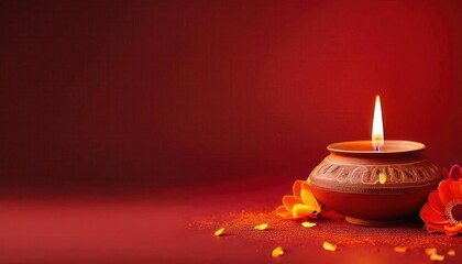 a single lit clay oil lamp with intricate carvings surrounded by vibrant orange flowers on a deep red background for festive decor

