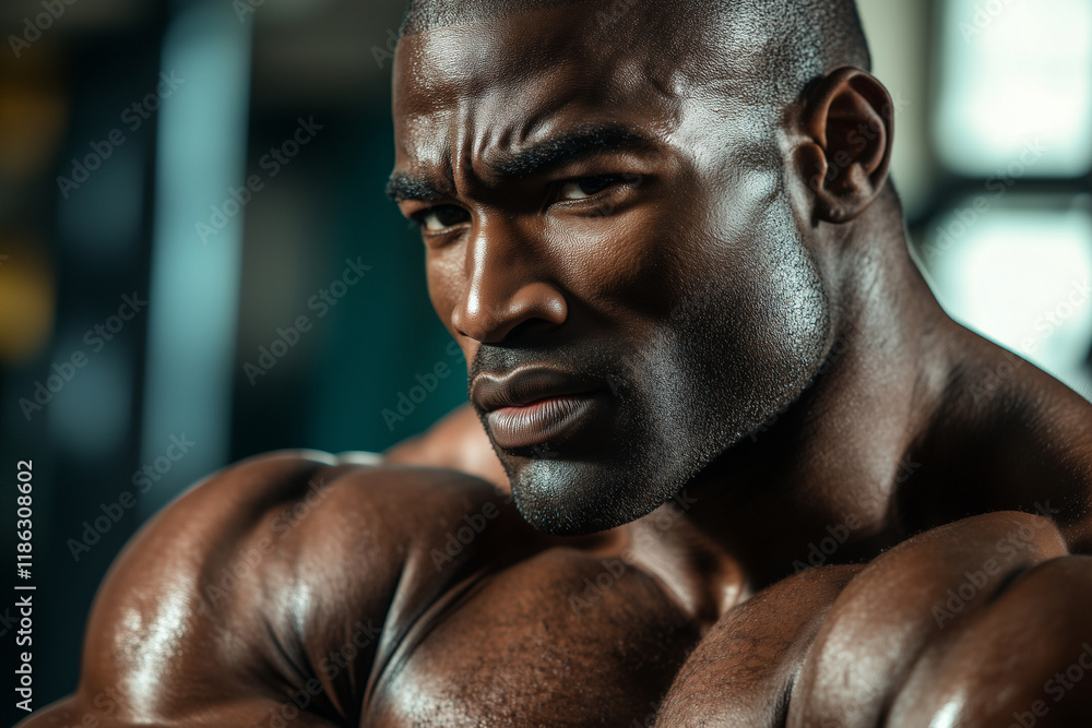 Poster man with a muscular build and a serious expression on his face.