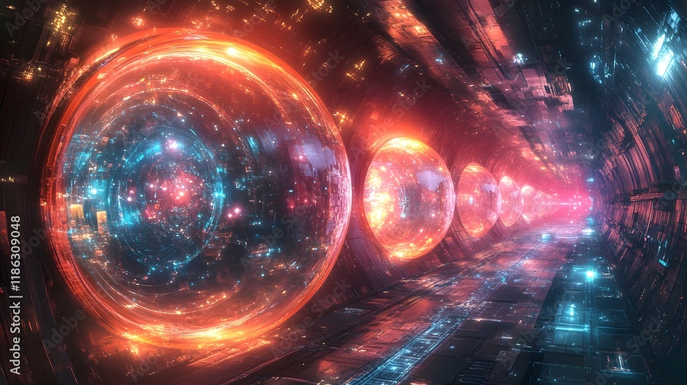 Poster vibrant digital web visualization with luminous orbs and holographic pathways in cyber themed design