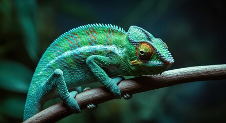 Obraz premium Colorful chameleon perched on a branch in a lush environment