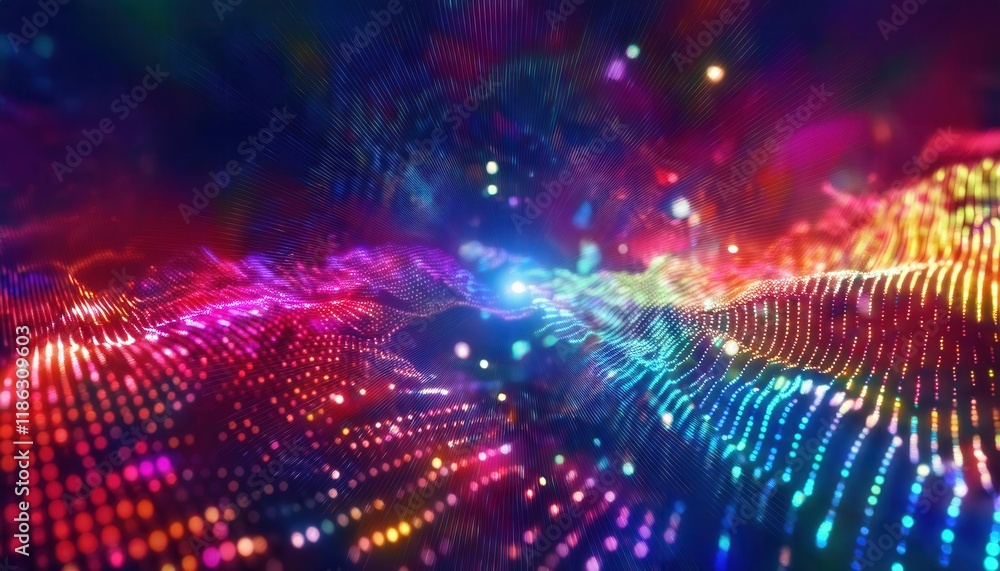 Poster vibrant abstract digital light matrix in a spectrum of colors, perfect for technology, data visualization, or modern design projects