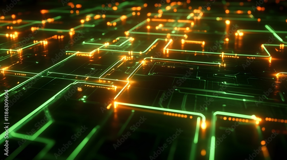 Poster futuristic cyber network graphic with glowing neon nodes and interconnected virtual pathways in a