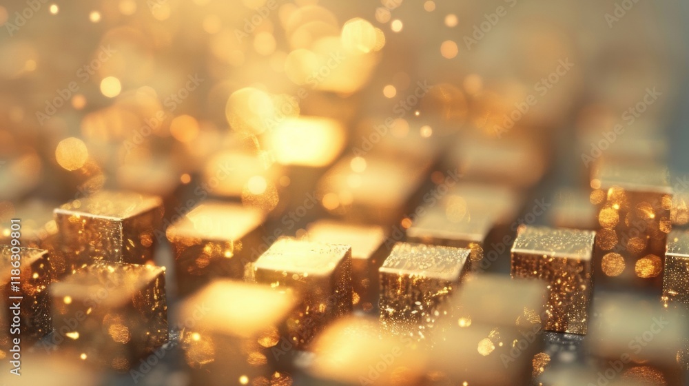 Poster a collection of gold cubes is elegantly arranged, sparkling and reflecting light, creating an abstra