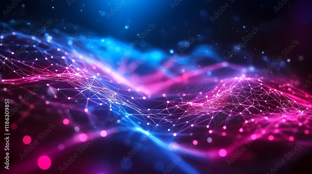 Aufkleber vibrant neon lit cyber network with floating nodes in a futuristic high tech environment
