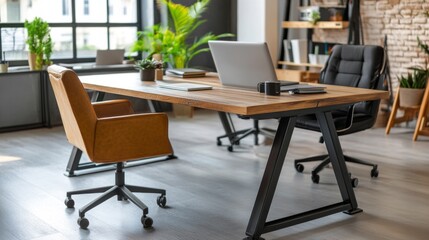 Modern office interior with wooden desk and ergonomic chairs in a bright workspace