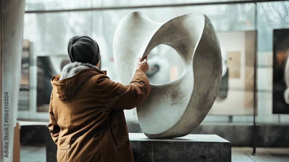 Poster exploring unique modern sculpture in art gallery, where texture and design inspire admiration and cr