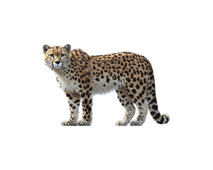A cheetah stands facing the viewer against a black background.