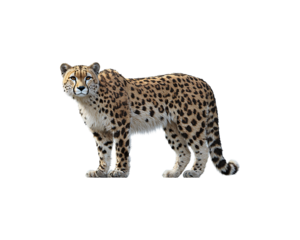 A cheetah stands facing the viewer against a black background.