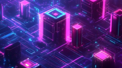 Vibrant Neon Cyber Virtualization System with Floating Nodes in High Tech Environment