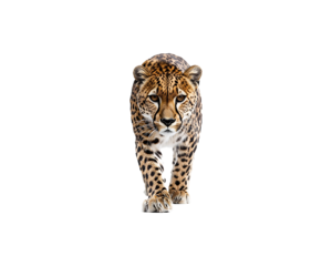 A cheetah walking towards the camera against a black background.