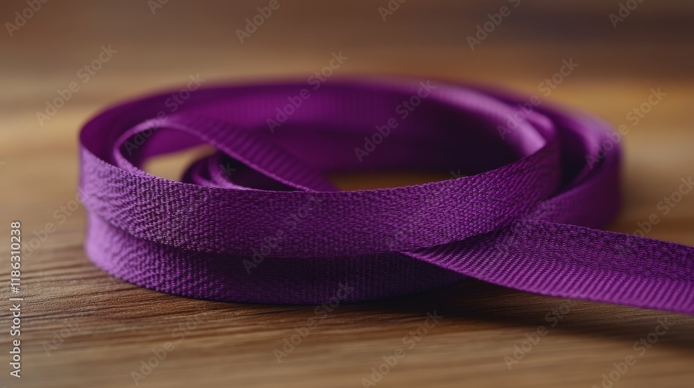 Poster close-up view of a rolled bright purple ribbon on a wooden surface capturing the texture and color i