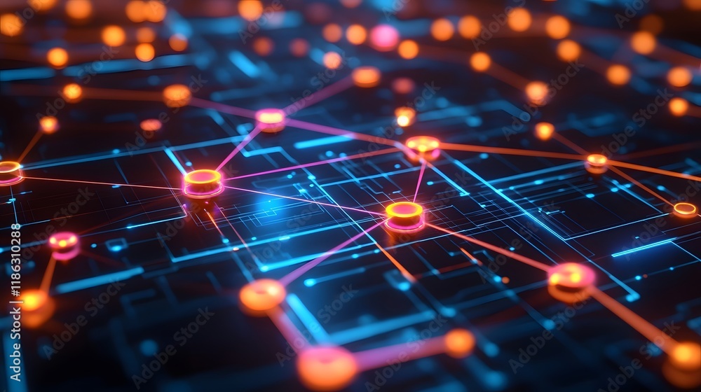 Poster vibrant neon cyber network with floating nodes in high tech digital environment