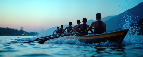 Rowing team moves swiftly on water at dusk. Athletes work together with coordination. Powerful motion, teamwork. Water splashes around boat. Silhouettes of athletes visible. Regatta practice at