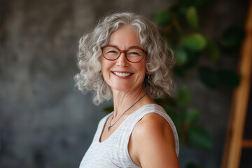 Obraz premium woman with curly hair and glasses is smiling. She is wearing a white tank top and is standing in front of a plant