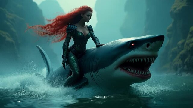 A fierce warrior with flowing red hair rides a monstrous shark with glowing eyes through misty waters, set against a dramatic fantasy landscape. A scene of power and mythical adventure