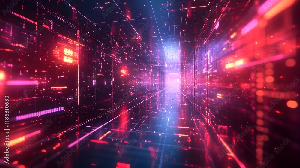 Poster vibrant cyber network graphic of interconnected digital elements in glowing layout