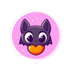 Fototapeta premium Cute cartoon bat holding heart, with big eyes and playful expression, set against pink background. This adorable design evokes feelings of love and joy