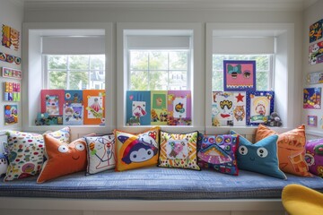 Colorful kids playroom with art and decorative throw pillows by window seats