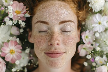Obraz premium Serene woman with glitter freckles amidst soft pastel flowers