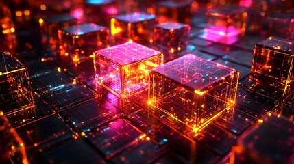 Obraz premium Vibrant Cyber Network Graphic Showcasing Interconnected 3D Virtual Elements in Glowing Digital