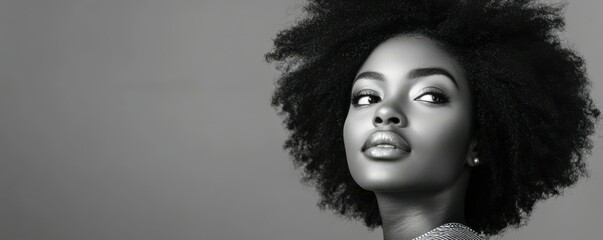 Fototapeta premium Elegant young woman posing confidently in a monochrome studio setting, expressing inner strength and beauty. Black and white portrait focusing on