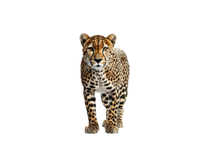 A cheetah walking towards the camera against a black background.