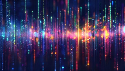 Fototapeta premium vivid digital light beams with glowing multicolored particles in a futuristic abstract pattern, ideal for tech background or events