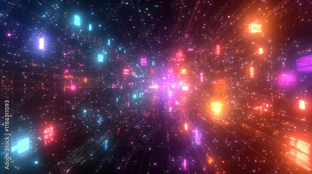 Poster vibrant cyber network grid of interconnected digital elements in glowing virtual layout