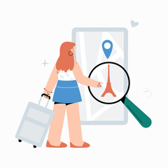 Female traveler with suitcase searching for Eiffel Tower on map in flat vector illustration symbolizing tourism, travel planning, and exploration, isolated on white background.