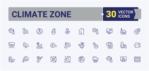 Set of Climate Zone line icons. Containing wind, storm, snow, decrease, duct, weather, planet, green. Minimal linear icons. Vector icons editable stroke.