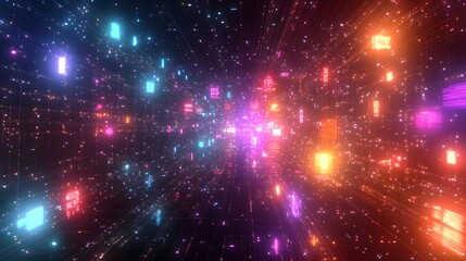 Fototapeta premium Vibrant Cyber Network Grid of Interconnected Digital Elements in Glowing Virtual Layout