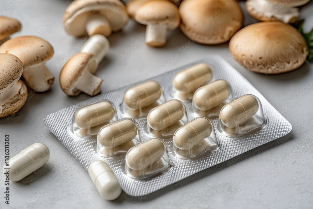 Poster packet of pills sits on a table next to a bunch of mushrooms. the pills are in a plastic container a
