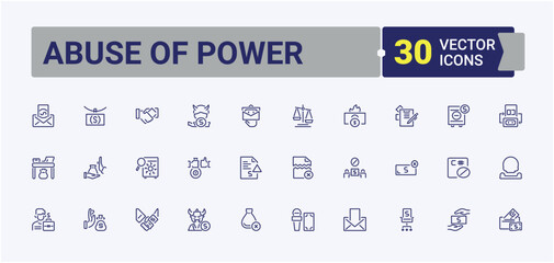 Abuse of Power linear icon collection. It contains symbols to banking, corruption, dollar, criminal, tax, dirty, fraud and more. Editable stroke.