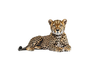 Obraz premium A cheetah lying down, looking directly at the camera.