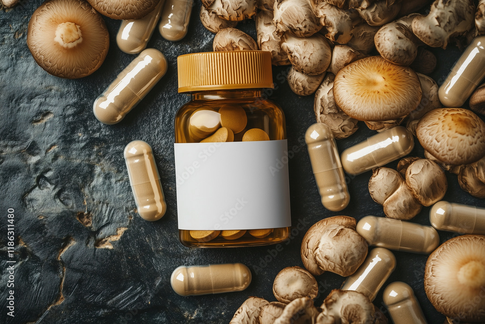 Poster bottle of pills is placed on a table with a variety of mushrooms scattered around it. the mushrooms 