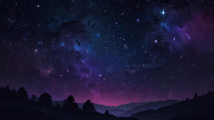 A mesmerizing abstract illustration of a starry night sky, featuring glowing stars of varying sizes scattered across a gradient of deep blue and purple hues, with soft swirls of cosmic light
