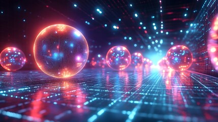 Luminous Virtualization Network Graphic with Holographic Grids and Pulsating Data Orbs in a