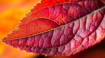 Fototapeta premium Close-Up View of Vibrant Autumn Leaf Highlighting Intricate Patterns and Rich Colors of Red, Orange, and Yellow in Nature's Seasonal Transition