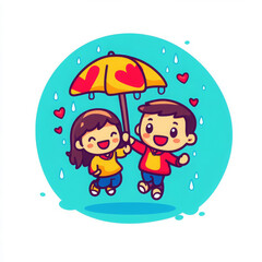 Naklejka premium cartoon couple dancing joyfully in rain under yellow umbrella, surrounded by hearts, expressing love and happiness
