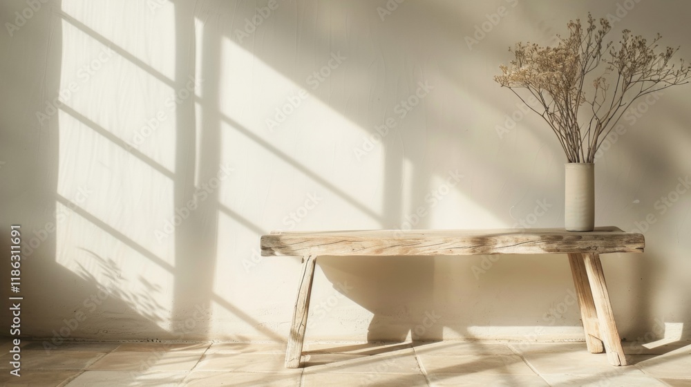 Poster sunlight streams through a window, casting shadows on a simple wooden bench adorned with a vase of d