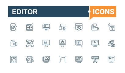 Editor icon set. Contains related to file, button, graphic, editing, element, website, write and more. Outline symbol collection. Editable vector stroke.