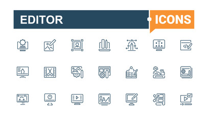 Editor icon set. Contains related to file, button, graphic, editing, element, website, write and more. Outline symbol collection. Editable vector stroke.