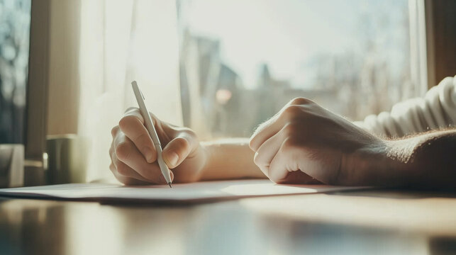 Writing at a sunlit table in a cozy room with a clear view outside on a serene afternoon. Generative AI