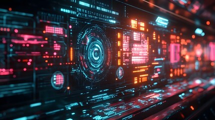 Immersive Futuristic Digital Scene with Holographic Displays and Neon Light Effects