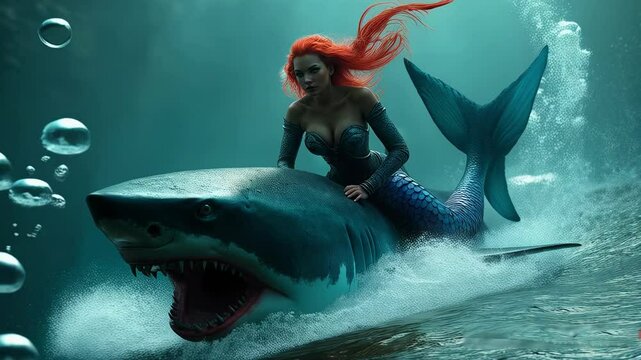 A fierce warrior with flowing red hair rides a monstrous shark with glowing eyes through misty waters, set against a dramatic fantasy landscape. A scene of power and mythical adventure