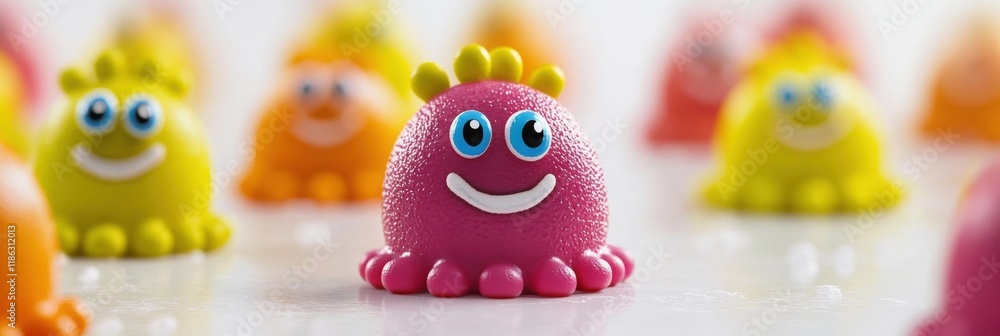Poster bright and cheerful microbes with smiles and eyes create a fun and playful atmosphere in a colorful 