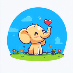 Obraz premium cute cartoon elephant with joyful expression blowing heart shaped bubbles in vibrant landscape filled with flowers and blue sky