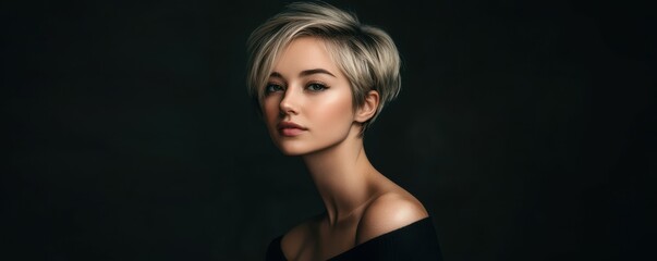 Fototapeta premium Elegant young woman with short blonde hair, wearing a black off-shoulder top, posing thoughtfully against a dark background. Artistic portrait conveying